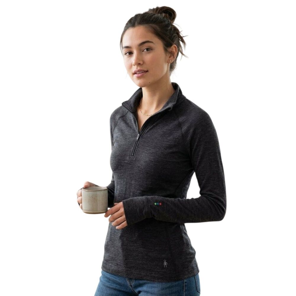 Smartwool Merino 250 Women Size Small Mock Neck 1/4 Zip Top Black Patched Hole